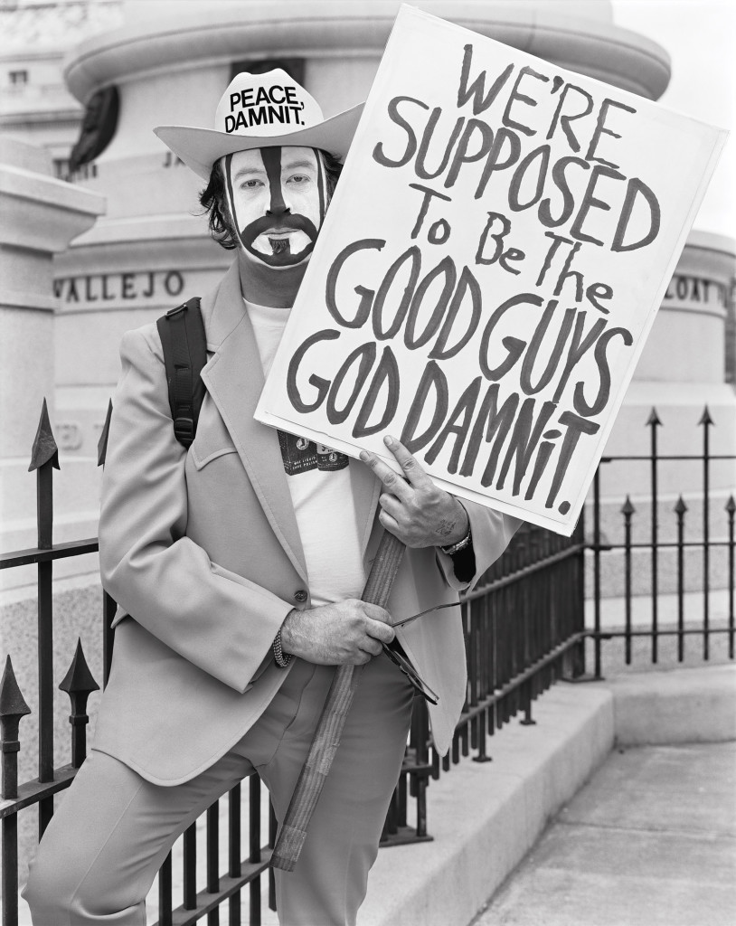 Black and white photograph of Iraq War Protester, Civic Center, San Francisco, California, 2003