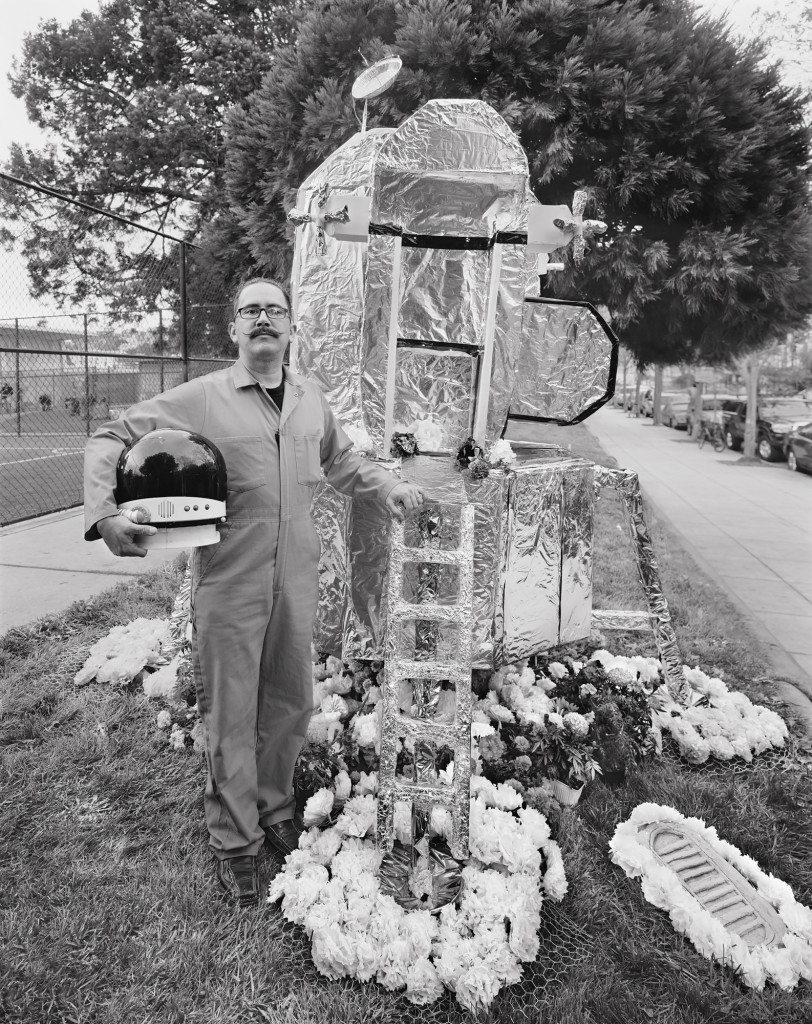 Black and white photograph of Neil Armstrong Tribute, Día de los Muertos, Garfield Park, San Francisco, California, 2012